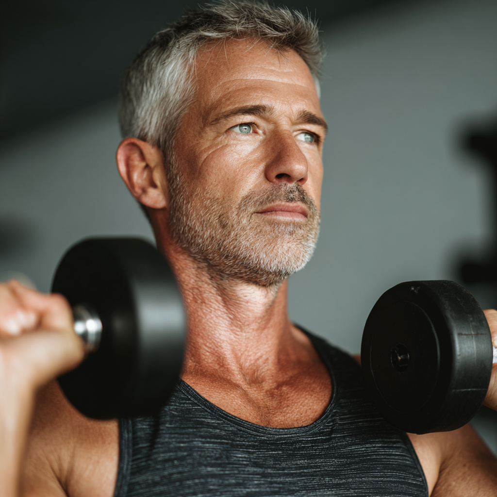 Middle-aged man doing strength training exercises with focus and determination